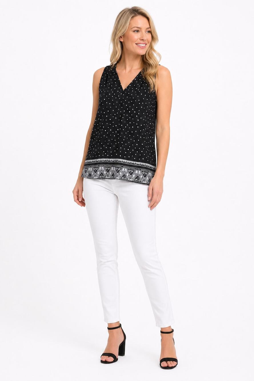 LR4406 LOFT Sleeveless Polka Dot Blouse Black White V Neck Border Hem Size S